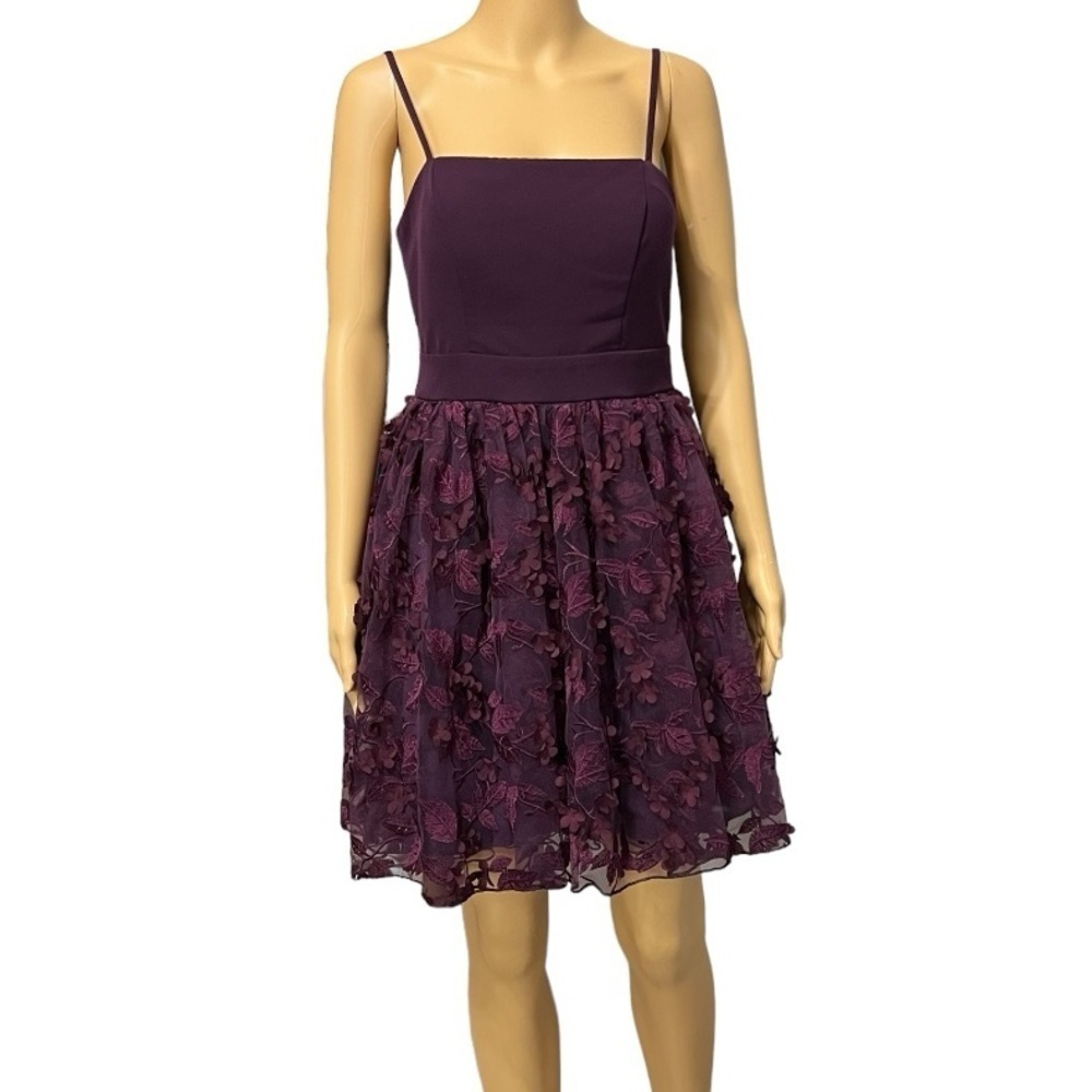TRIXXI Womens Purple Textured Floral Spaghetti Strap Short Fit/Flare Dress Jr 7